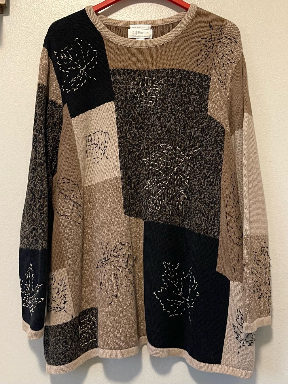 Y2K C.J. Banks 2003 Hand Embroidered Fall Sweater - Ramie Patchwork Leaves - 3X